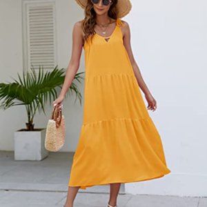 Women Loose Summer Casual Sundress V Neck Tiered Ruffle Beach Maxi Long Dress